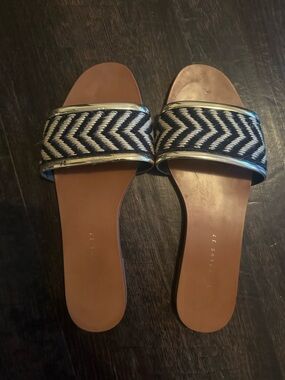 Zara Black & White Chevron Slide Sandals with Tan Footbed